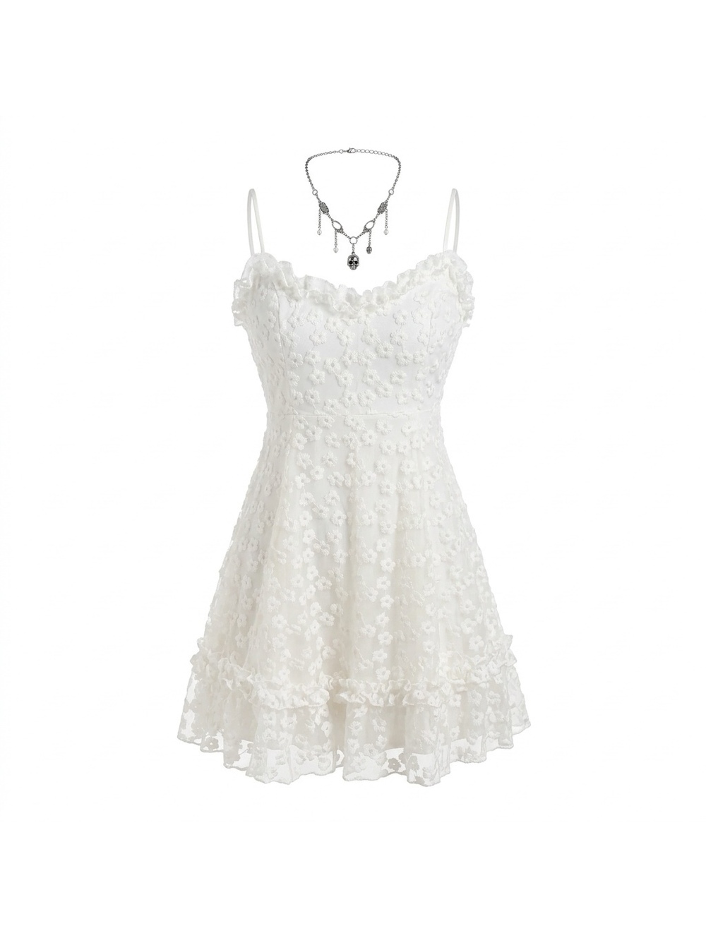 Angel BIBA White Floral Embroidered Mini Dress with Necklace